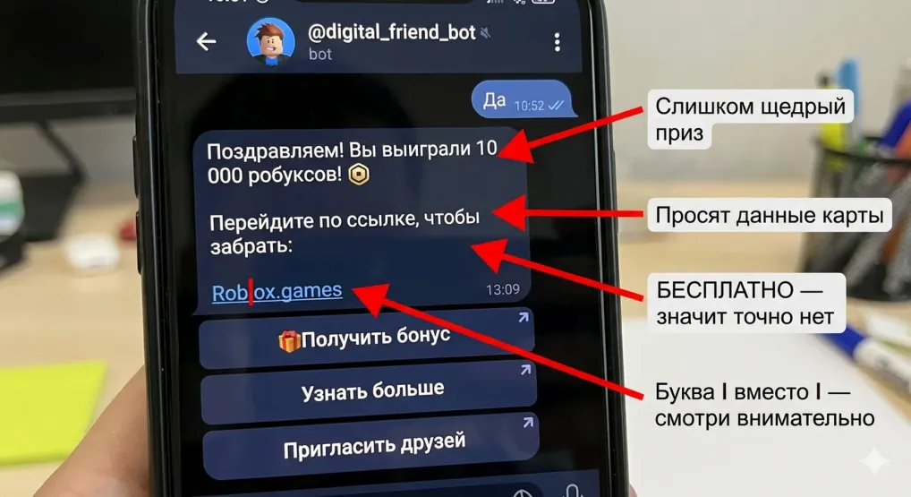 Скриншот сообщения от бота @digital_friend_bot с пометками: слишком щедрый приз, просят данные карты, «бесплатно» значит точно нет, буква I вместо l в адресе сайта