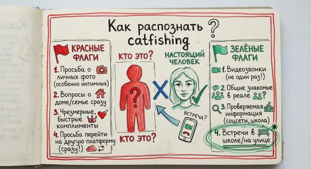 Рисунок в блокноте «Как распознать catfishing»: красные флаги (просьба о личных фото, вопросы о доме, чрезмерные комплименты, переход в другую платформу) и зелёные флаги (видеозвонки, общие знакомые, проверяемая информация, встреча в школе)