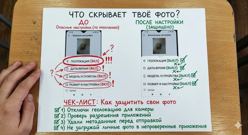 Плакат «Что скрывает твоё фото?»: сравнение опасных и защищённых настроек телефона и чек-лист защиты фотографий
