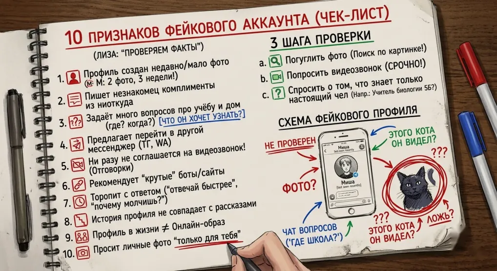 Страница блокнота «10 признаков фейкового аккаунта» с чек-листом, тремя шагами проверки и схемой фейкового профиля