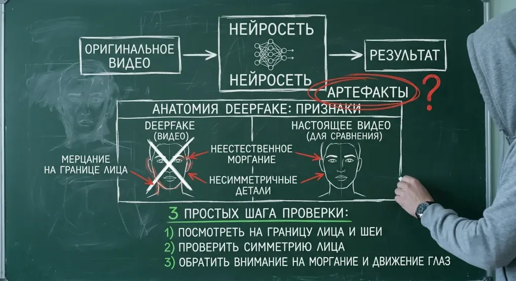 Доска со схемой «Нейросеть → результат» и анатомией дипфейка: признаки подделки и три простых шага проверки