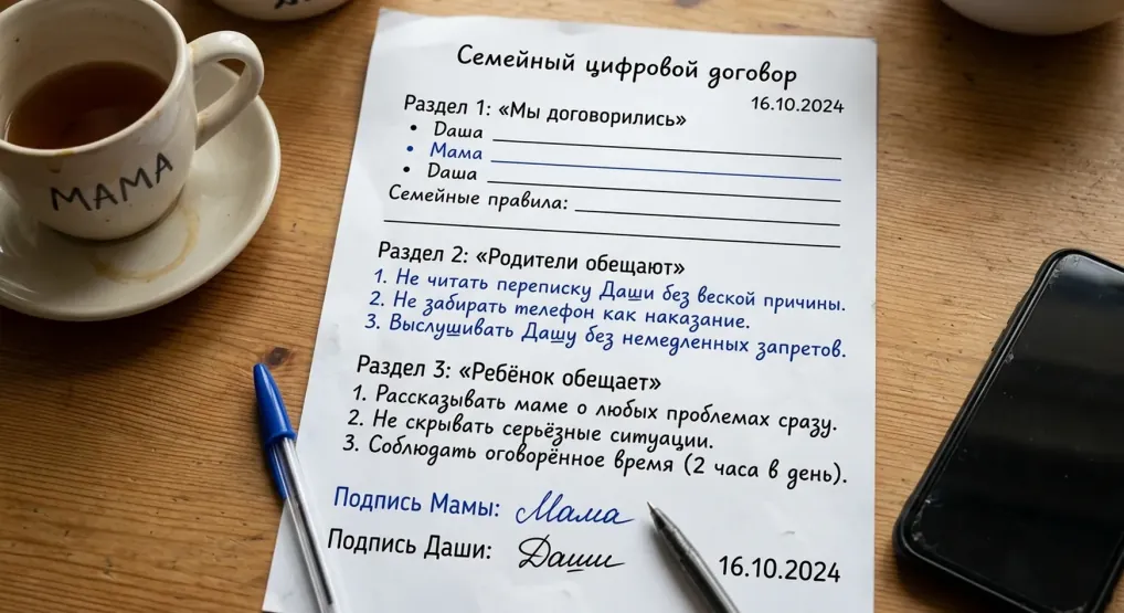 Лист «Семейный цифровой договор» с тремя разделами: «Мы договорились», «Родители обещают», «Ребёнок обещает»