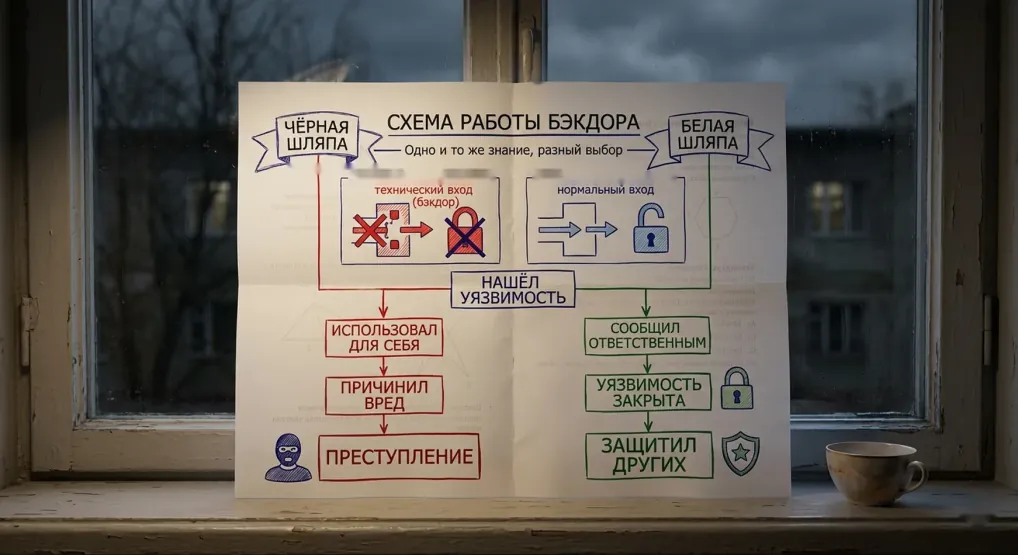 Схема работы бэкдора: чёрная и белая шляпа — найденную уязвимость можно использовать во вред или сообщить ответственным