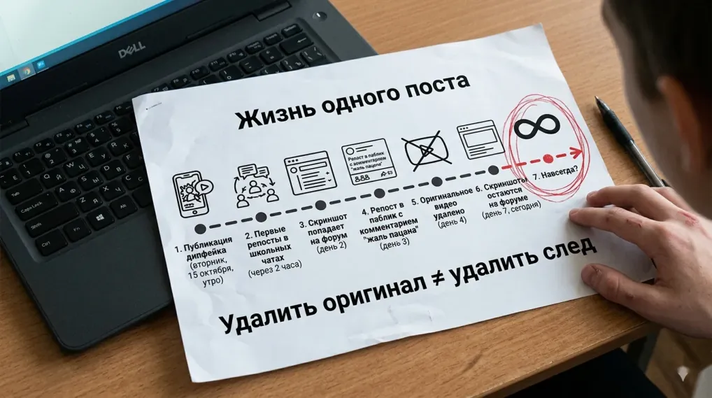 Лист «Жизнь одного поста»: путь дипфейка по сети и подпись «Удалить оригинал ≠ удалить след»