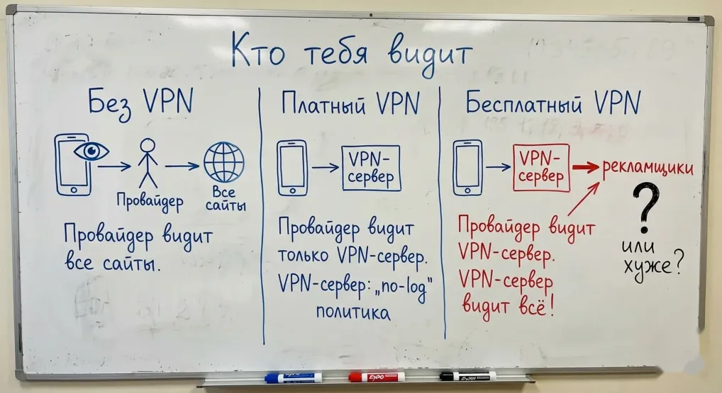Доска «Кто тебя видит»: сравнение работы без VPN, с платным VPN и с бесплатным VPN