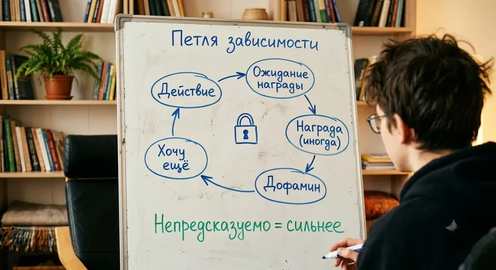 Доска со схемой «Петля зависимости»: действие, ожидание награды, награда, дофамин, «хочу ещё»; подпись «Непредсказуемо = сильнее»