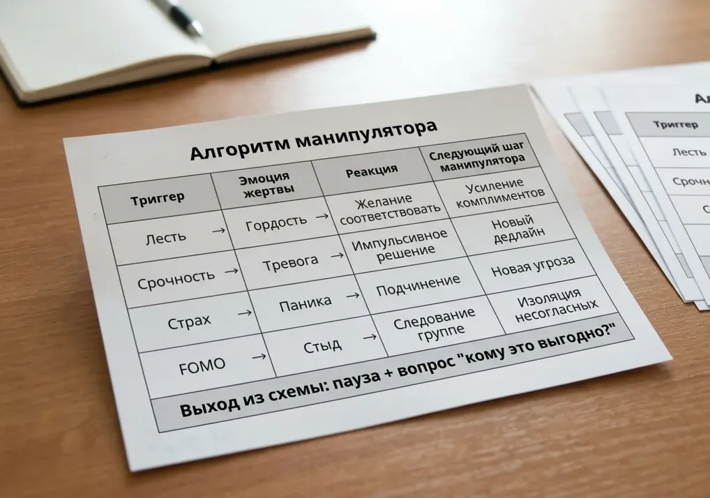 Таблица «Алгоритм манипулятора»: триггер, эмоция жертвы, реакция, следующий шаг манипулятора; выход из схемы — пауза и вопрос «Кому это выгодно?»