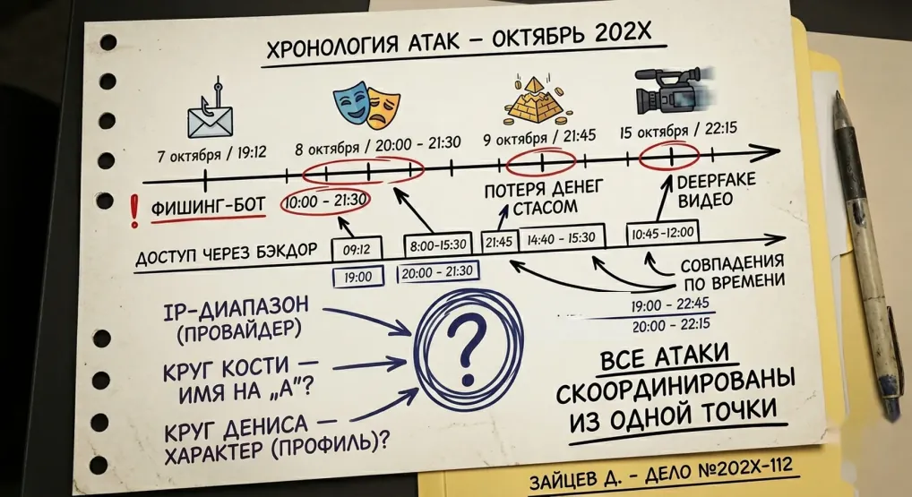 Листок «Хронология атак — октябрь» с временной шкалой и вопросом о том, откуда координируются все атаки