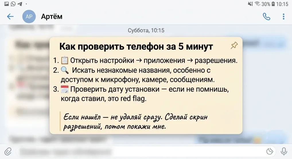 Скриншот переписки с Артёмом: памятка «Как проверить телефон за 5 минут»