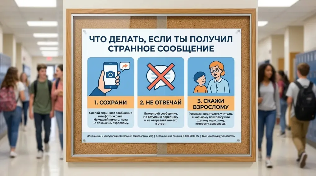 Школьный стенд «Что делать, если ты получил странное сообщение»: сохрани, не отвечай, скажи взрослому