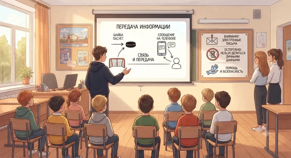 Класс младших школьников смотрит презентацию «Передача информации»; у доски — старшеклассник