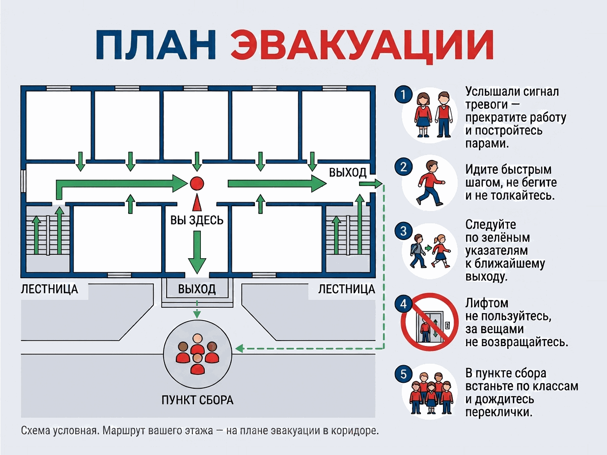 Инфографика «План эвакуации»: условная схема этажа школы с маршрутами к выходам и пункту сбора и пять правил эвакуации