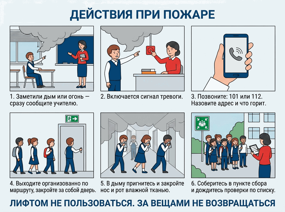 Инфографика «Действия при пожаре», шесть шагов: сообщить учителю, сигнал тревоги, звонок 101 или 112, организованный выход, защита от дыма, сбор в пункте сбора