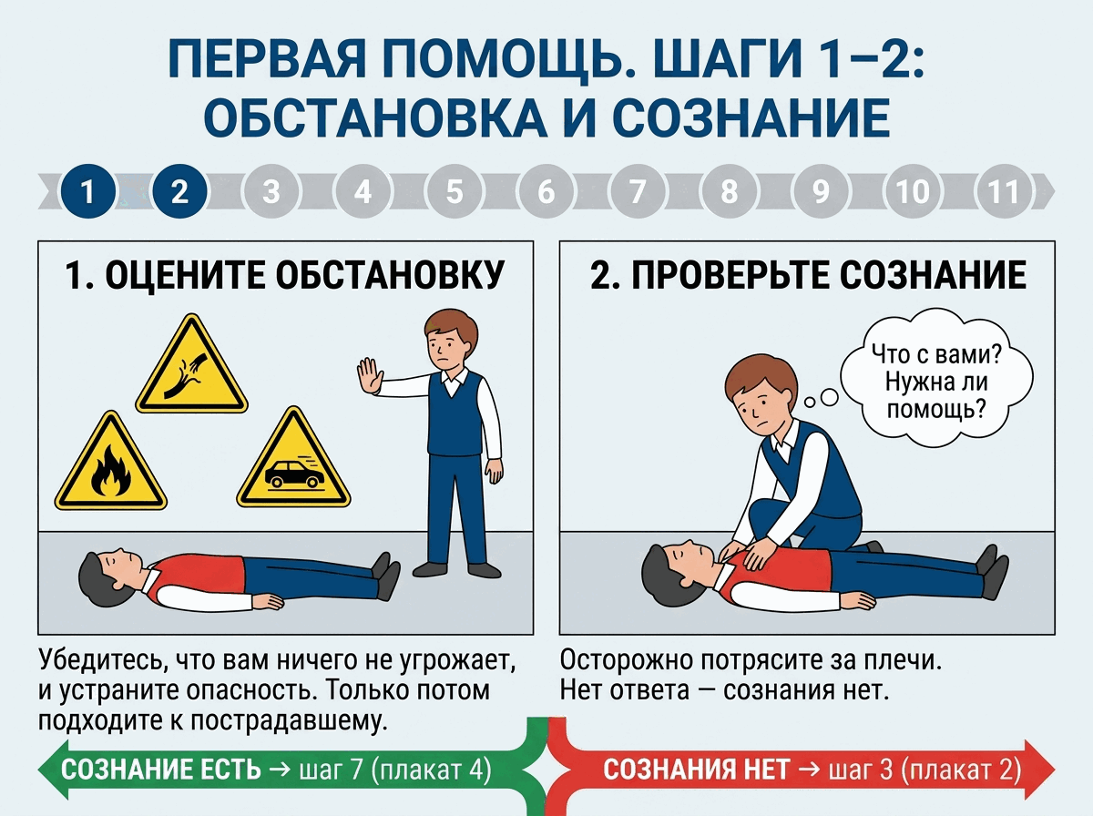 Плакат 1 из серии «Алгоритм первой помощи», шаги 1–2: оценка обстановки и проверка сознания