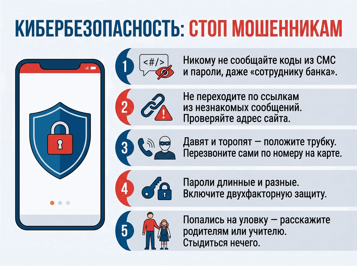 Плакат «Кибербезопасность: стоп мошенникам», пять правил: коды из СМС, ссылки, звонки мошенников, пароли, помощь взрослых